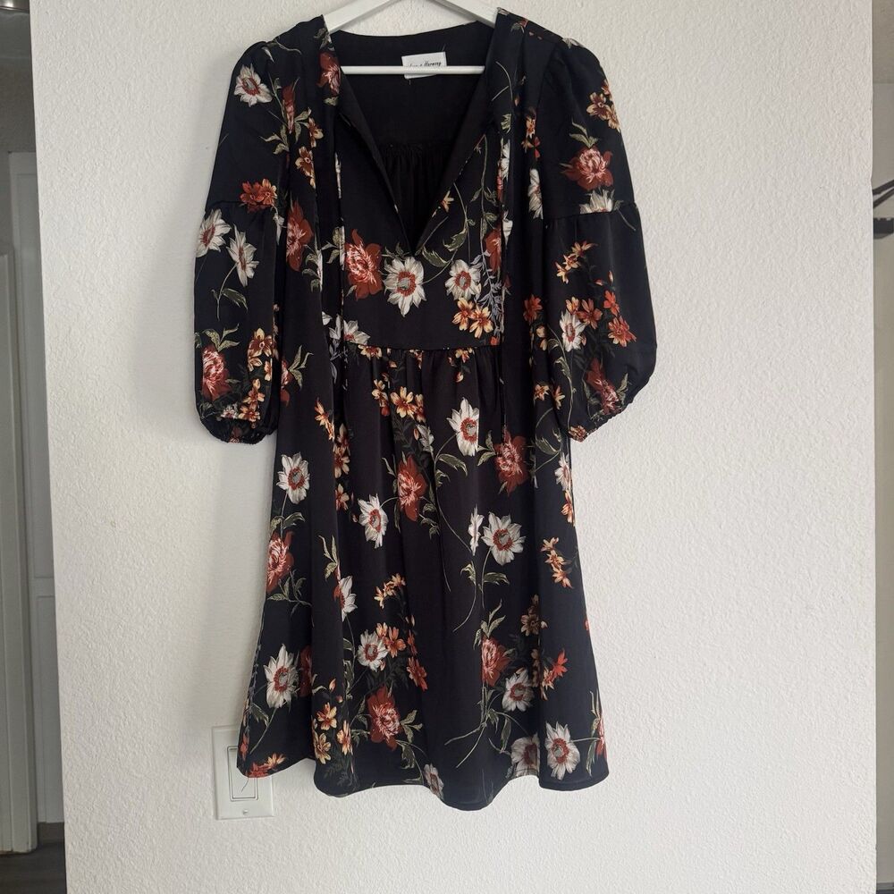 Love + Harmony Dress Oversized Sz M L Black Floral Ruffle Mini Boho Chic Cottage - Picture 5 of 16